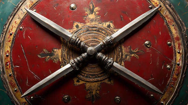 An Indian shield adorned with crossed talwar swords, symbolizing heritage, strength, and tradition