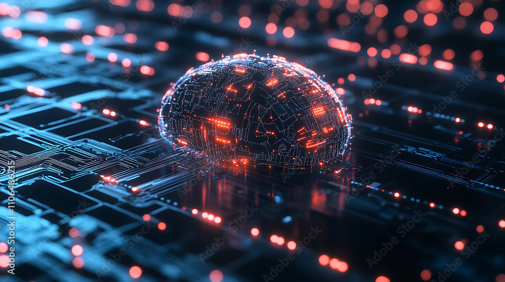 Poster An interplay of digital symbols and abstract forms representing artificial intelligence, computing, data processing, science, and technology