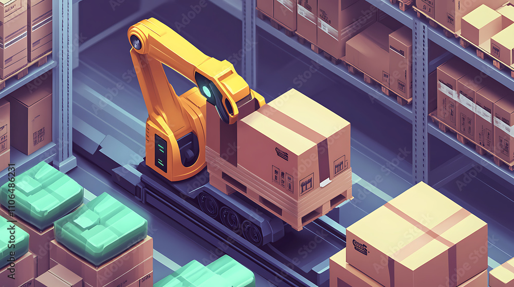 Poster an isometric illustration featuring a yellow robotic arm carrying a cardboard box in a warehouse, sh