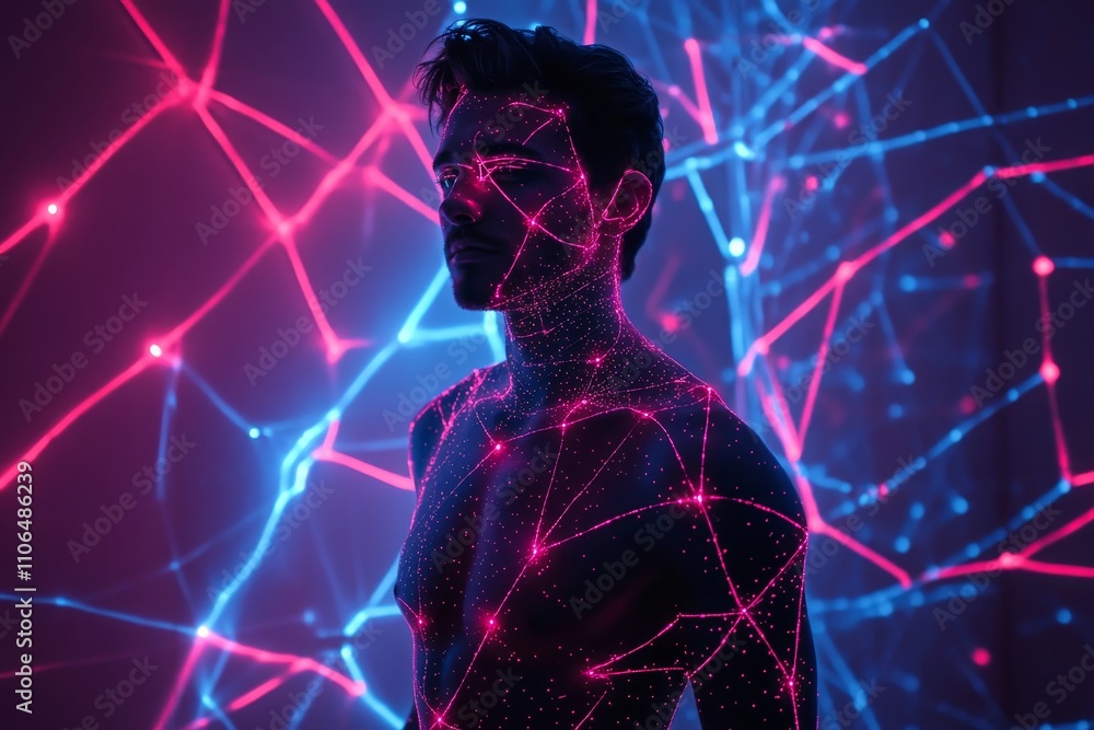 Poster ethereal portrait of a man with digital body art illuminated by neon lights creating a futuristic at