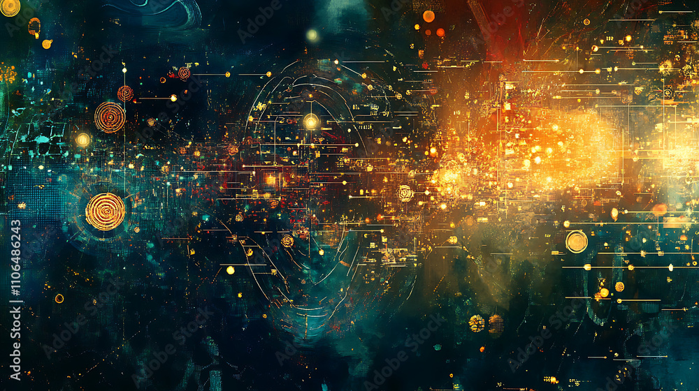 Poster an interplay of digital symbols and abstract forms representing artificial intelligence, computing, 