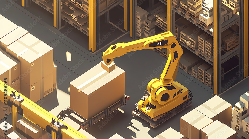 Aufkleber an isometric illustration featuring a yellow robotic arm carrying a cardboard box in a warehouse, sh