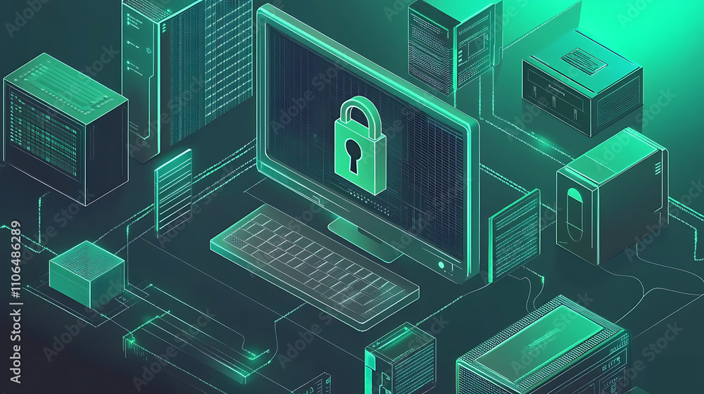 Fototapete an isometric illustration shows personal data security, with a computer and lock representing protec