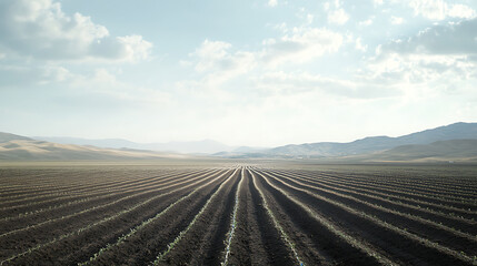 An extensive agricultural field primed for planting bathed in the gentle sunlight, adorned with irrigation pipes meticulously laid out across the soil