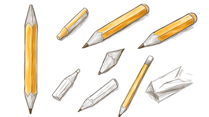 Fototapeta premium An isolated pencil depicted in various drawing styles including photorealism, sketch, flat, and icon representations