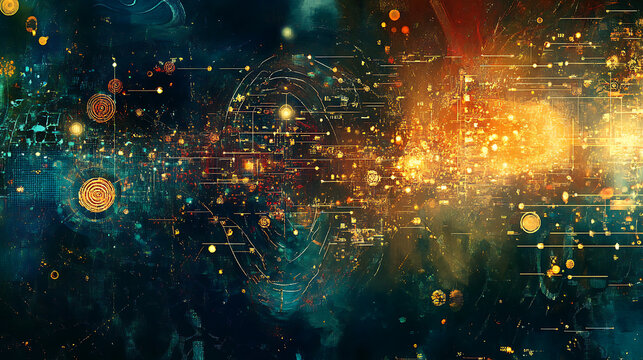An interplay of digital symbols and abstract forms representing artificial intelligence, computing, data processing, science, and technology