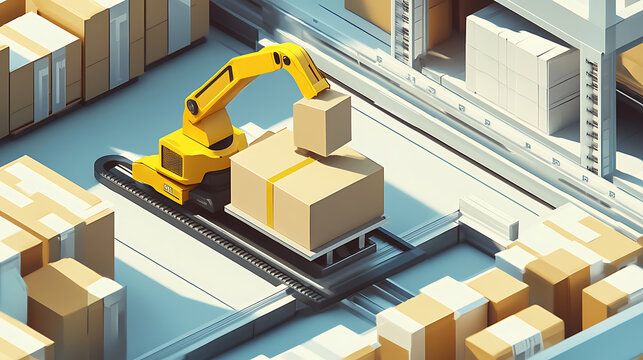 An isometric illustration featuring a yellow robotic arm carrying a cardboard box in a warehouse, showcasing automated warehouse operations with autonomous robot transportation