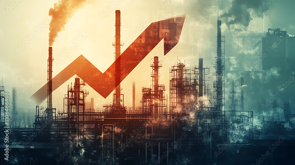 Poster an upward-pointing arrow graphic overlaying an industrial factory scene, symbolizing increasing co2 