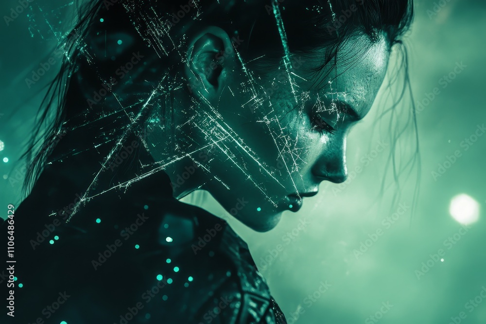 Poster ethereal portrait of a woman with digital effects, merging reality and virtuality in a dreamlike atm