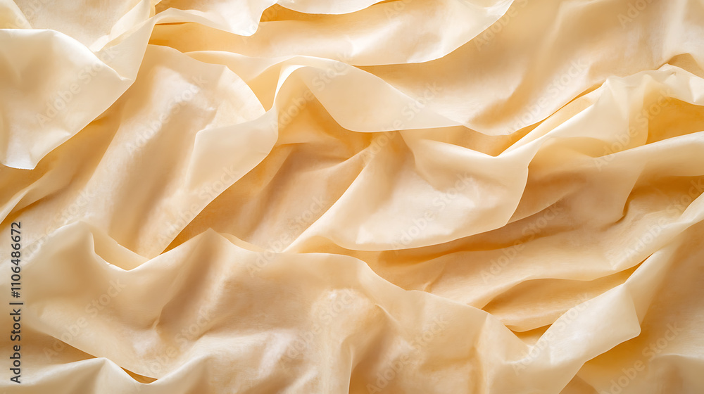 Poster crumpled sheet of baking paper as background, closeup, mock up for your design
