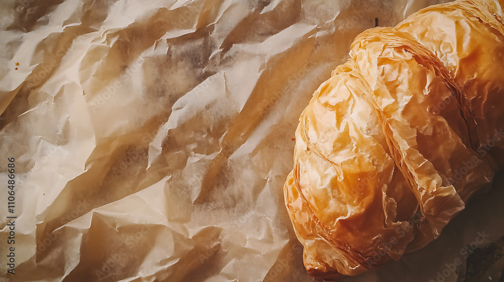 Poster crumpled sheet of baking paper as background, closeup, mock up for your design