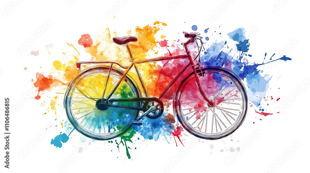 Poster cycling objects in whatercolor style on white background, sharp