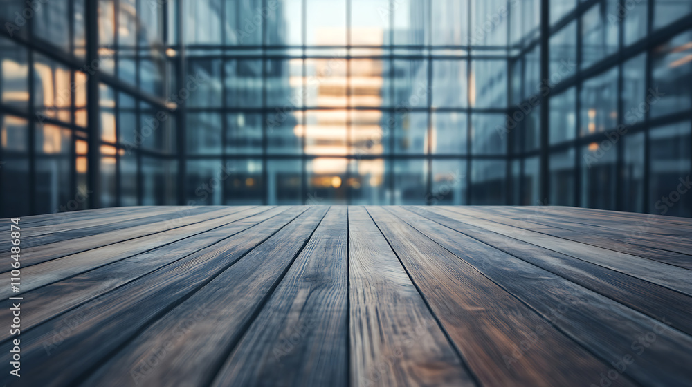 Poster empty wood table top and blur glass window wall building banner mock up abstract background , can us