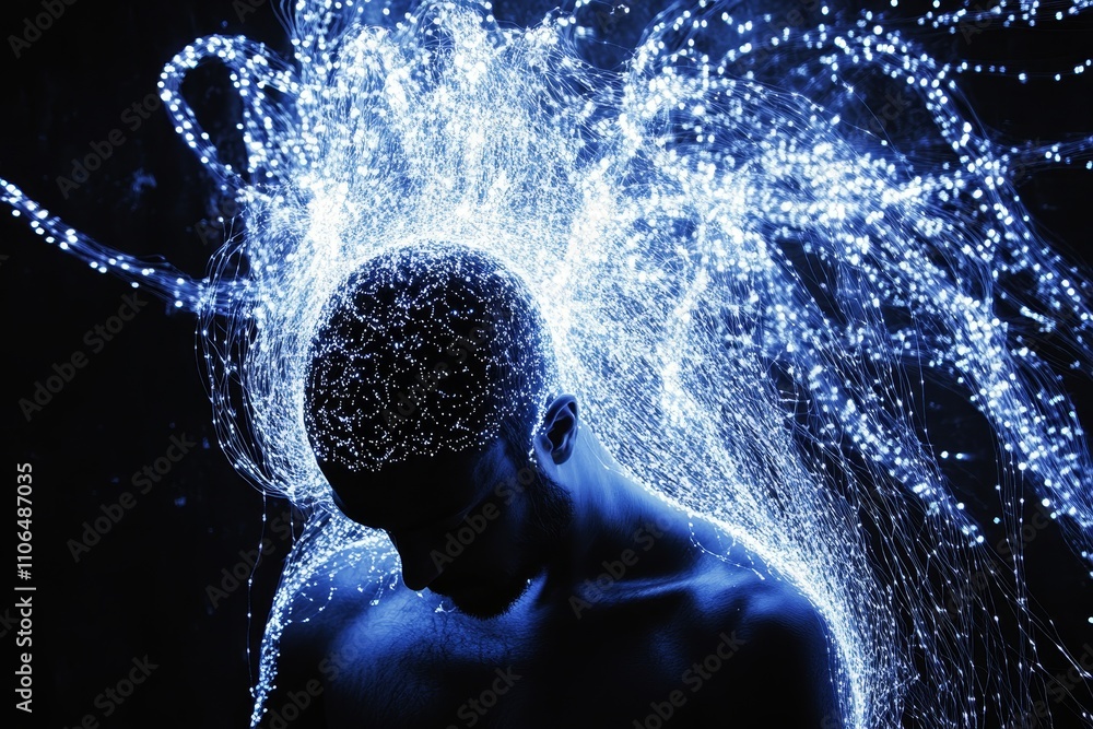 Poster ethereal representation of human connection with light trails and artistic movement in a dark backgr
