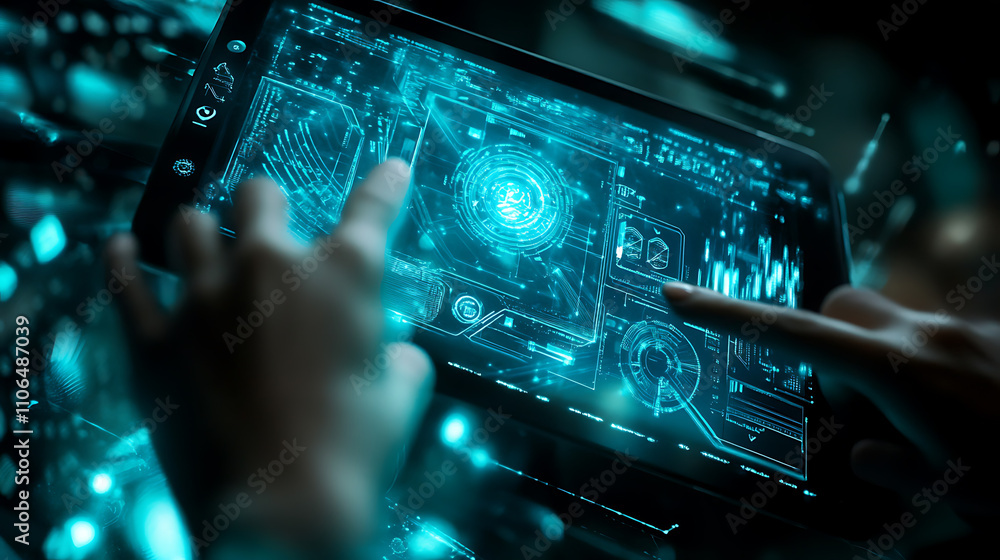Aufkleber Grasping a digital tablet that contains a smart energy controller or an online home automation system for remote home control, Every screen image is artificial
