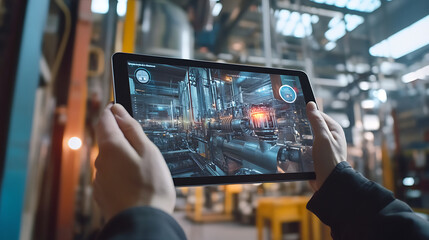 In the realm of Industry 4, 0 and augmented reality, a hand holds a tablet with an AR application for thermal monitoring of motor parts, checking for potential damage in a smart factory background