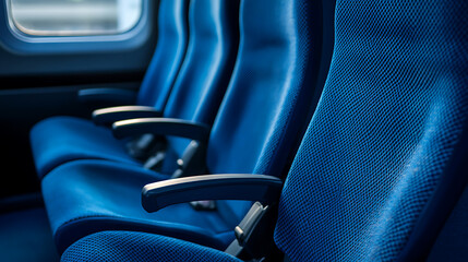 Obraz premium Passenger car seats and armrests in blue and navy blue style, bus seats, easy chairs in navy blue and navy blue, airplane seats