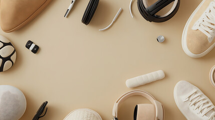 Product photo of sports accessories, neutral beige background, minimalism style