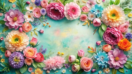 Aerial View of Watercolor Floral Frame with Pastel Bohemian Colors for Design Backgrounds, Ideal for Invitations, Cards, and Artistic Projects Featuring Vibrant Blooms