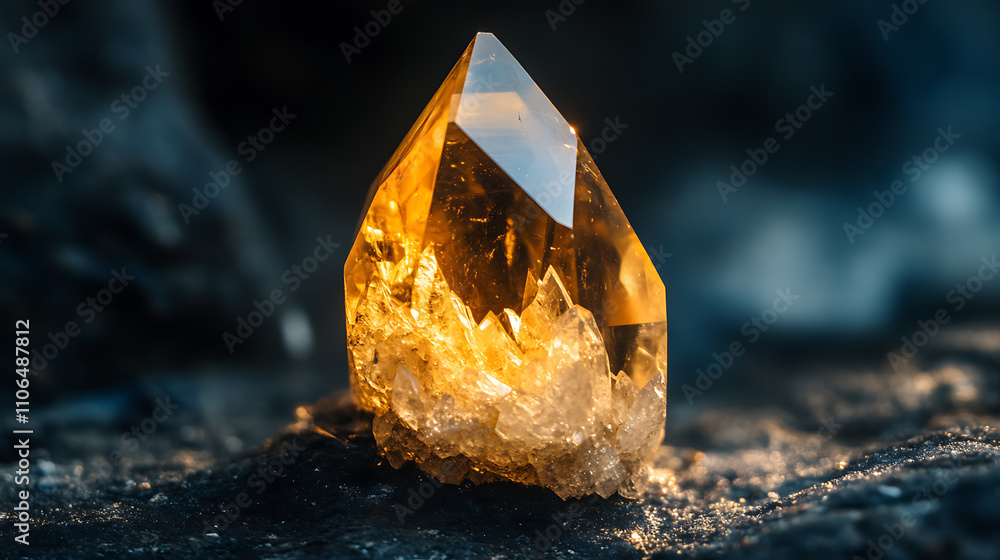 Poster single shot of citrine stone macro crystallizes with small depth of field, yellow quartz on dark bac