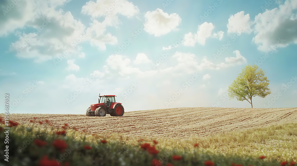 Poster tractor on a plowed spring field