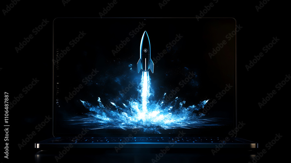 Poster sleek, futuristic rocket blasting off from an open laptop screen, symbolizing a dynamic and powerful