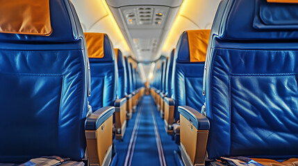 Fototapeta premium Rows of seats line the interior of an airplane cabin, forming the organized layout for passengers during the flight