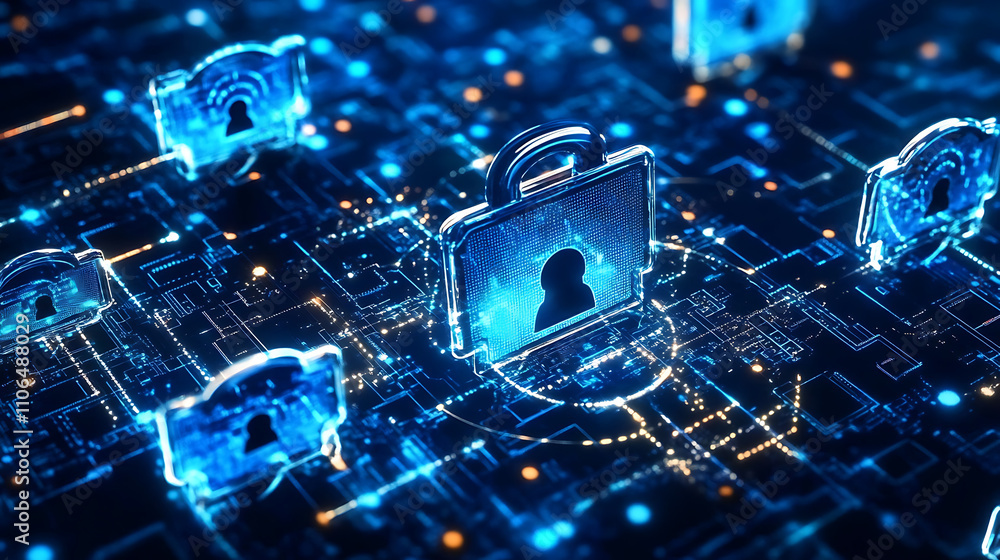 Aufkleber the concept of technology security is depicted through a modern digital background, highlighting the