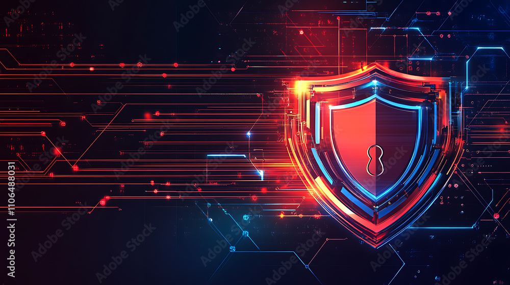 Poster the concept of technology security is depicted through a modern digital background, highlighting the