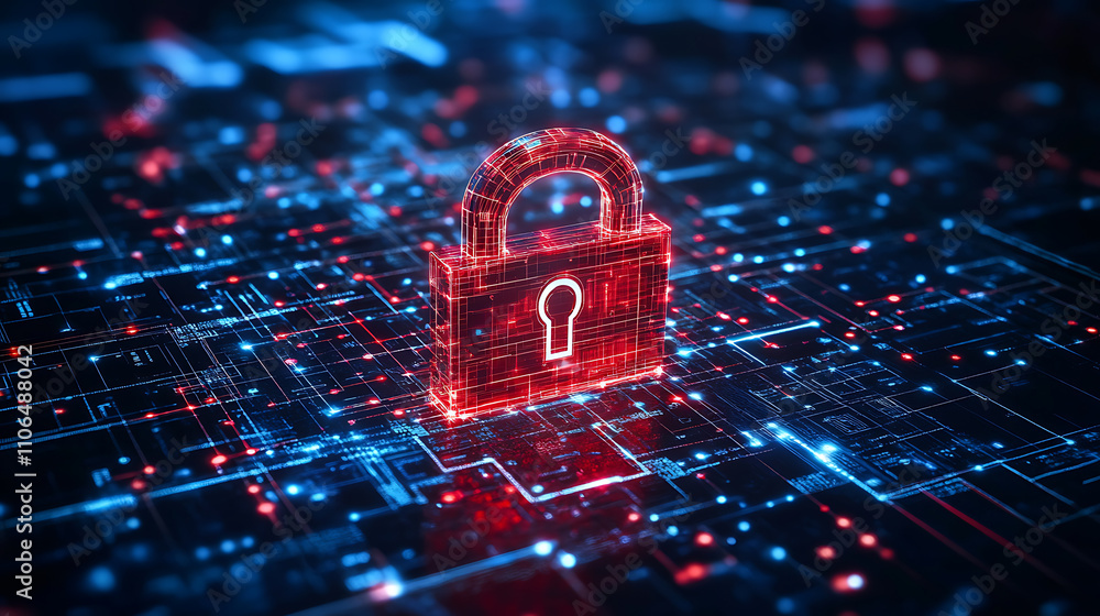 Poster the concept of technology security is depicted through a modern digital background, highlighting the