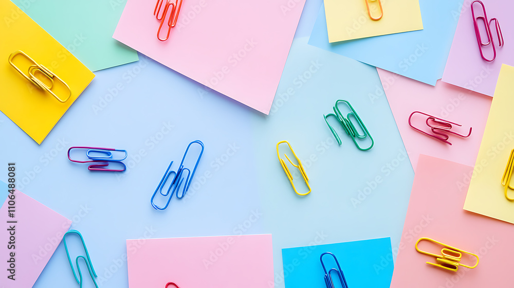 Poster various sheets of note papers adorned with colorful paper clips