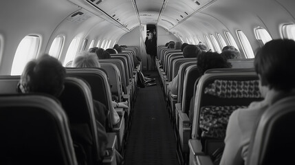 Fototapeta premium The view captures the aisle between rows of passenger seats aboard an international aircraft, offering a glimpse of the interior layout and seating arrangement