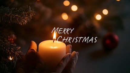 Hands holding a lit candle with "Merry Christmas" text, warm bokeh lights, and fir branches in the background.
