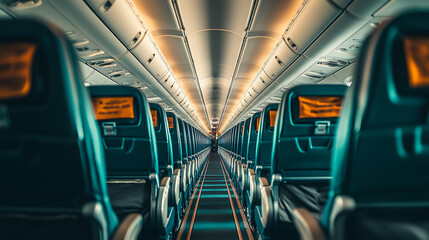 Fototapeta premium The view captures the aisle between rows of passenger seats aboard an international aircraft, offering a glimpse of the interior layout and seating arrangement