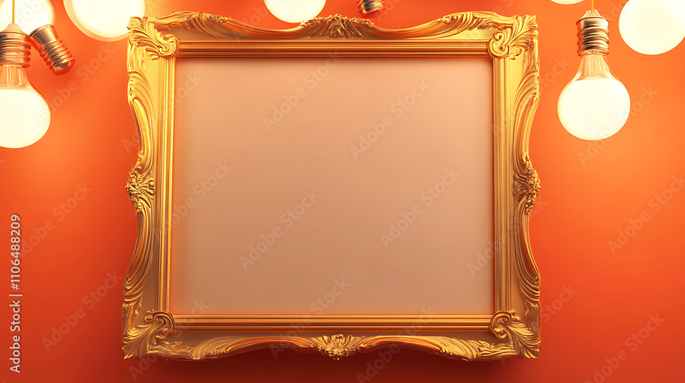 Poster an empty gold and orange frame with light bulbs