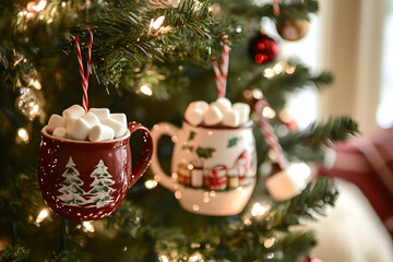 Two cheerful mugs with marshmallows hang from a decorated Christmas tree, adding warmth