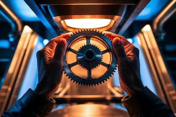 Hands hold a gear under warm light in a workshop setting focusing on mechanical craftsmanship