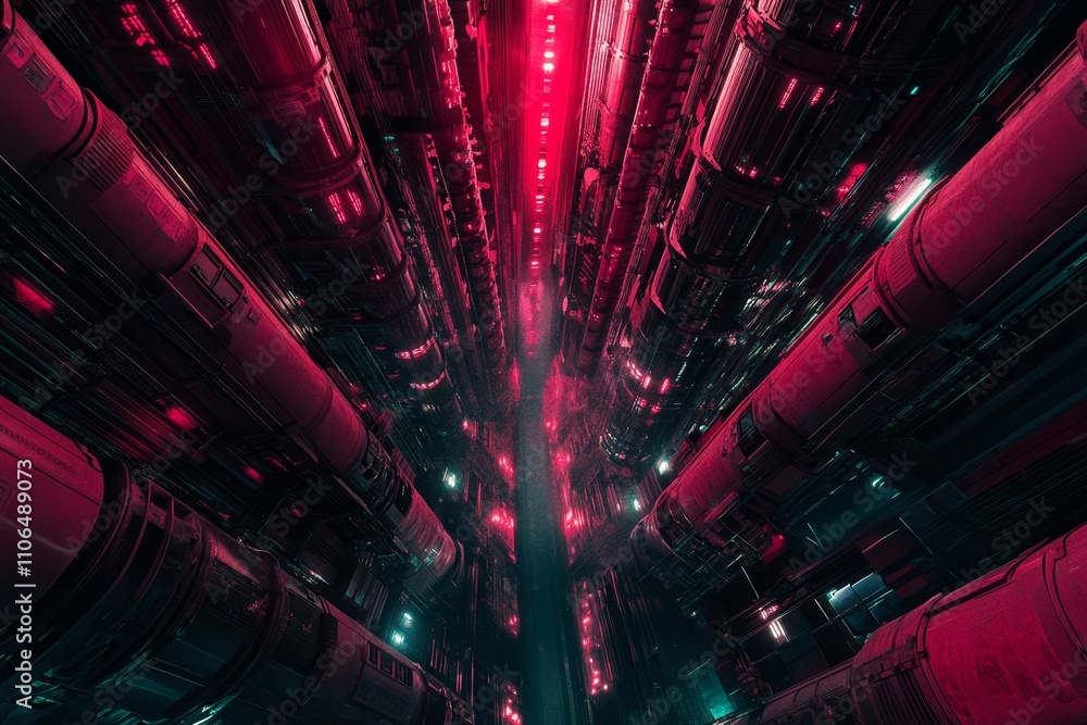 Poster Futuristic Abstract Corridor with Neon Lighting and Industrial Design Elements, Creating a Sense of Depth and Technology in a Sci-Fi Environment