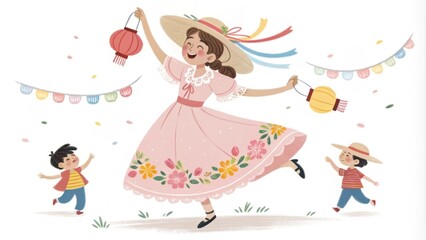 Obraz premium Avatar in Traditional Festival Dress A cheerful female avatar in a light pink traditional festival dress embellished with floral prints spins in delight. She wears ruffled sleeves