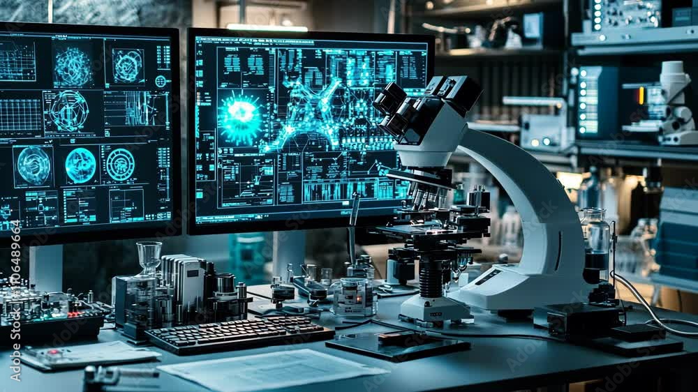 Poster advanced laboratory setup featuring high-tech microscope and multiple digital displays for scientifi
