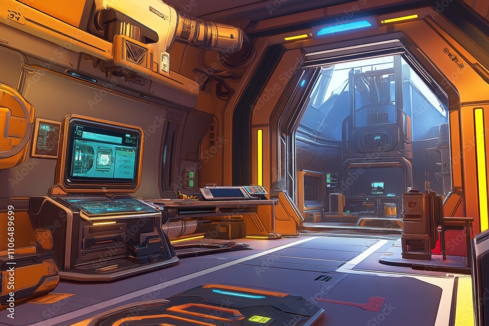 Poster futuristic interior of a high-tech space module with advanced control panels, monitors, and illumina