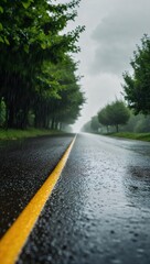 Rainy road surrounded by trees creates a serene atmosphere during a cloudy day