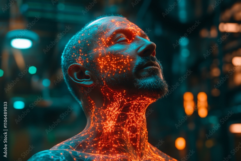 Poster futuristic portrait of a man with glowing energetic patterns illustrating technology interface and h