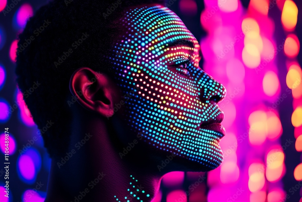 Poster futuristic portrait of a person with vibrant and colorful led dot patterns on face against a backgro