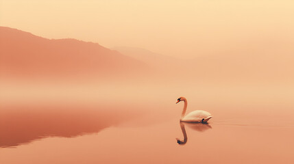 Naklejka premium Elegant White Swan Gliding on a Tranquil Misty Lake with a Soft Peach Glow