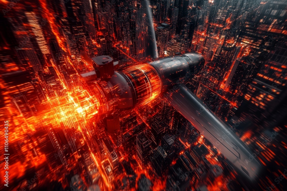 Poster futuristic spacecraft flying through high-tech cityscape with fiery energy trails and glowing abstra