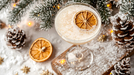 Festive Holiday Cocktail with Dried Orange Garnish on Wooden Board in a Cozy Christmas Setting