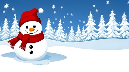 Obraz premium Happy snowman in winter wonderland scene with snow-covered pine trees and snowflakes.