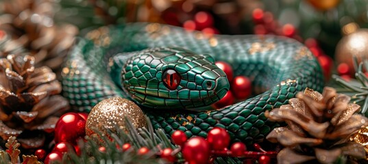 Green Snake Nestled Among Christmas Ornaments A Festive and Unexpected Holiday Scene