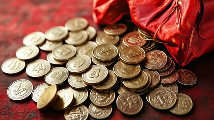 Traditional chinese red bag with lucky coins on vibrant red background for chinese new year celebration concept